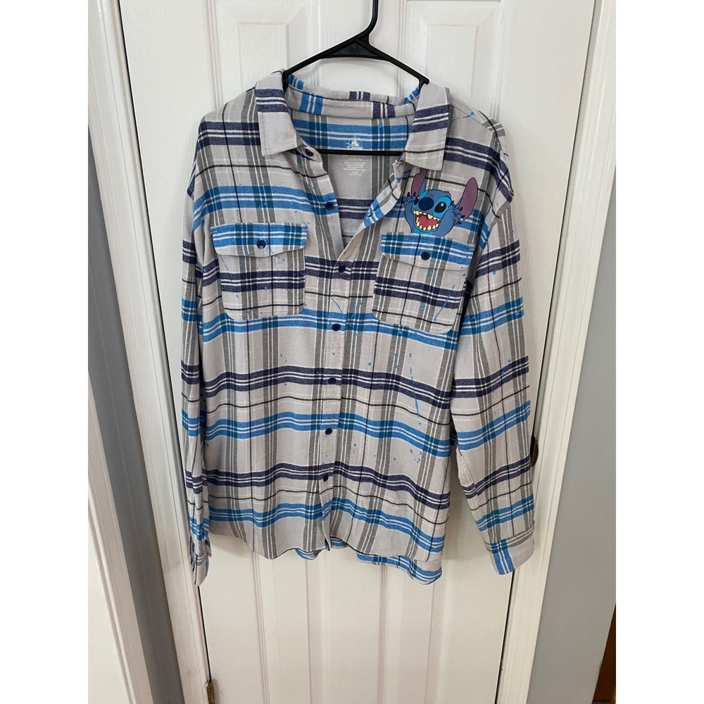 Disney Stitch Flannel Shirt Mens Large Grey Blue Plaid Paint Splatter Graphic